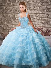 Cheap Blue Straps Lace Up Beading and Ruffled Layers Sweet 16 Dresses Court Train Sleeveless