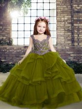 Custom Designed Olive Green Organza Lace Up Straps Sleeveless Floor Length Little Girl Pageant Dress Beading and Ruffles