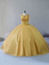  Gold Scoop Lace Up Beading Quinceanera Gown Brush Train Sleeveless