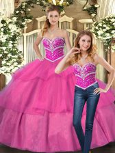  Ball Gowns Quinceanera Dresses Hot Pink Sweetheart Tulle Sleeveless Floor Length Lace Up