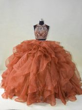Hot Selling Halter Top Sleeveless Organza Ball Gown Prom Dress Beading and Ruffles Brush Train Backless