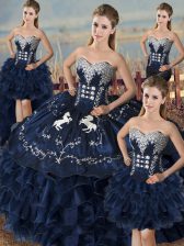  Floor Length Lace Up Quinceanera Dress Navy Blue for Sweet 16 and Quinceanera with Embroidery and Ruffles