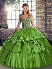 Charming Green Lace Up Quinceanera Dress Beading and Ruffled Layers Sleeveless Floor Length