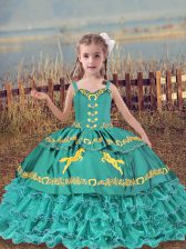  Sleeveless Floor Length Beading and Embroidery and Ruffled Layers Lace Up Kids Formal Wear with Teal 