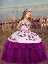  Straps Sleeveless Kids Formal Wear Floor Length Embroidery Fuchsia Tulle