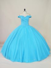 Customized Blue Off The Shoulder Lace Up Beading 15 Quinceanera Dress Sleeveless