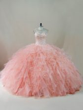 Flare Floor Length Peach Quinceanera Gown Tulle Sleeveless Beading and Ruffles