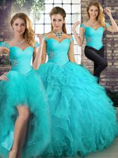  Aqua Blue Lace Up Off The Shoulder Beading and Ruffles Quince Ball Gowns Tulle Sleeveless
