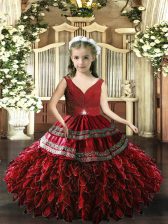  Red Backless Pageant Dress Wholesale Sleeveless Floor Length Beading and Appliques and Ruffles
