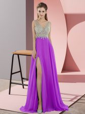  Lavender Evening Dress V-neck Sleeveless Sweep Train Zipper