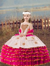Exquisite Fuchsia Straps Lace Up Beading and Embroidery and Ruffled Layers Kids Pageant Dress Sleeveless