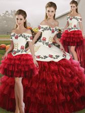 Attractive Wine Red Off The Shoulder Neckline Embroidery and Ruffled Layers Quinceanera Dresses Sleeveless Lace Up