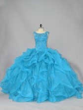 Best Selling Aqua Blue Organza Lace Up Quinceanera Gowns Sleeveless Brush Train Beading and Ruffles