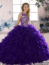 Custom Fit Sleeveless Floor Length Beading and Ruffles Lace Up Sweet 16 Quinceanera Dress with Purple