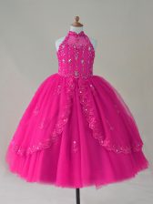  Sleeveless Floor Length Beading and Appliques Lace Up Winning Pageant Gowns with Fuchsia