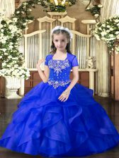 Affordable Royal Blue Ball Gowns Beading and Ruffles Little Girls Pageant Dress Wholesale Lace Up Tulle Sleeveless Floor Length