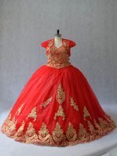 Clearance Red Ball Gowns Beading and Appliques 15 Quinceanera Dress Lace Up Tulle Sleeveless