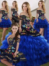Colorful Off The Shoulder Sleeveless Organza Quinceanera Gown Embroidery and Ruffled Layers Lace Up