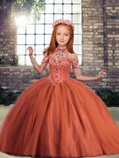  Rust Red High-neck Lace Up Beading Pageant Gowns For Girls Sleeveless