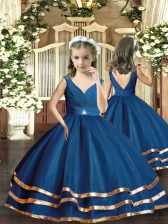 Custom Fit Navy Blue Ball Gowns Beading Kids Formal Wear Backless Organza Sleeveless Floor Length