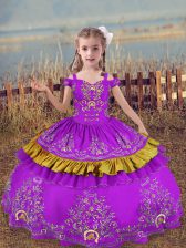  Purple Ball Gowns Beading and Embroidery Kids Pageant Dress Lace Up Satin Sleeveless Floor Length