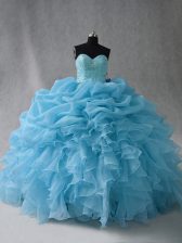  Floor Length Baby Blue Sweet 16 Quinceanera Dress Organza Sleeveless Beading and Ruffles and Pick Ups