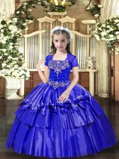  Blue Lace Up Pageant Dress Toddler Beading and Ruffled Layers Sleeveless Floor Length