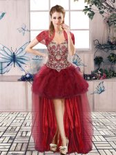 High Quality Burgundy Lace Up Off The Shoulder Beading and Ruffles Prom Dresses Tulle Sleeveless