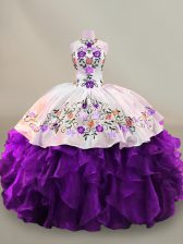 Discount Floor Length White And Purple Vestidos de Quinceanera Organza Sleeveless Embroidery