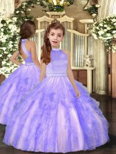 High End Lavender Tulle Backless Little Girls Pageant Gowns Sleeveless Floor Length Beading and Ruffles