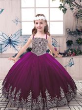 Popular Eggplant Purple Lace Up Straps Beading and Embroidery Little Girl Pageant Gowns Tulle Sleeveless