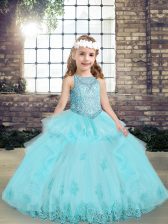 Trendy Tulle Sleeveless Floor Length Little Girls Pageant Gowns and Beading and Lace and Appliques
