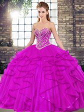 Beauteous Sweetheart Sleeveless Quinceanera Gowns Floor Length Beading and Ruffles Fuchsia Tulle
