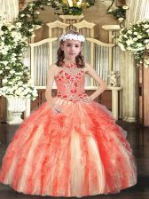 Customized Halter Top Sleeveless Lace Up Little Girls Pageant Dress Orange Red Tulle