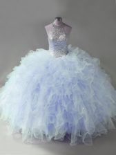  Lavender Quinceanera Gown Sweet 16 and Quinceanera with Beading and Ruffles Halter Top Sleeveless Lace Up