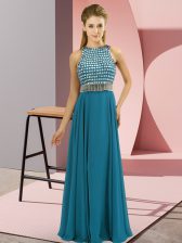  Sleeveless Chiffon Floor Length Side Zipper Homecoming Dress in Teal with Beading