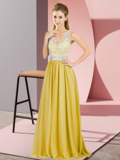  Gold Empire Chiffon V-neck Sleeveless Beading and Lace Floor Length Criss Cross Prom Dresses