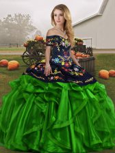 Free and Easy Off The Shoulder Sleeveless 15th Birthday Dress Floor Length Embroidery and Ruffles Green Organza