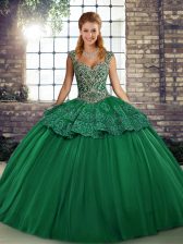 Charming Floor Length Lace Up Quinceanera Dress Green for Military Ball and Sweet 16 and Quinceanera with Beading and Appliques