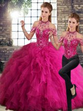 Fantastic Floor Length Lace Up Vestidos de Quinceanera Fuchsia for Military Ball and Sweet 16 and Quinceanera with Beading and Ruffles