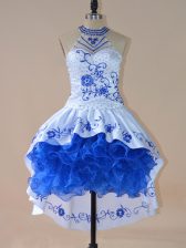  High Low Royal Blue Prom Dresses Halter Top Sleeveless Lace Up