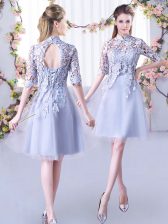 Popular Grey A-line Tulle High-neck Half Sleeves Lace Mini Length Lace Up Dama Dress for Quinceanera