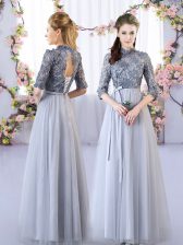 Hot Sale High-neck Half Sleeves Court Dresses for Sweet 16 Floor Length Appliques Grey Tulle