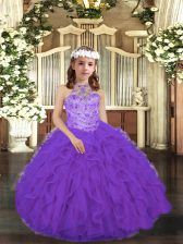  Purple Ball Gowns Scoop Sleeveless Tulle Floor Length Lace Up Beading and Ruffles Child Pageant Dress