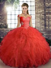  Floor Length Ball Gowns Sleeveless Orange Red Quinceanera Dress Lace Up