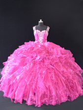  Sleeveless Organza Floor Length Lace Up Quinceanera Gown in Fuchsia with Beading and Ruffles