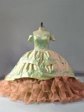 Delicate Multi-color Quinceanera Dress Sweet 16 and Quinceanera with Embroidery and Ruffles Off The Shoulder Sleeveless Chapel Train Lace Up