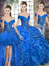  Royal Blue Organza Lace Up Off The Shoulder Sleeveless Floor Length Quinceanera Gowns Beading and Ruffles