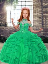  Turquoise High-neck Neckline Beading and Ruffles Girls Pageant Dresses Sleeveless Lace Up