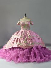  Off The Shoulder Sleeveless Quinceanera Dress Chapel Train Embroidery and Ruffles Lilac Organza